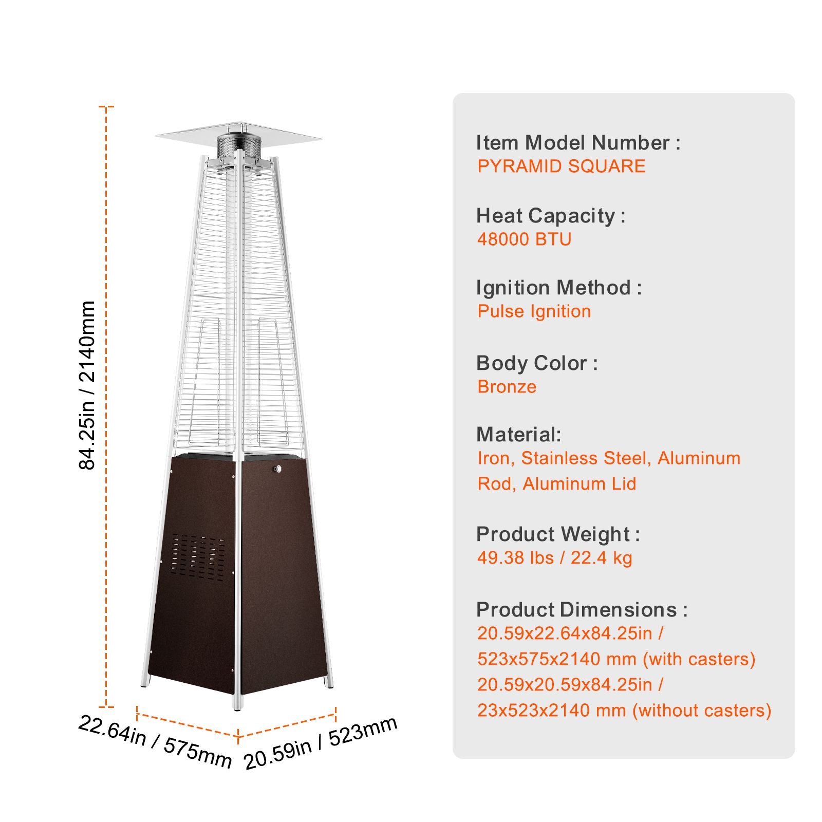 Patio Heater for Outdoor Use, 48000BTU Pyramid Propane Heater w/Wheels, Quartz Glass Tube Outdoor Patio Flame Heater for Patio, Party, Backyard, Garden, Decoration, Hammered Bronze