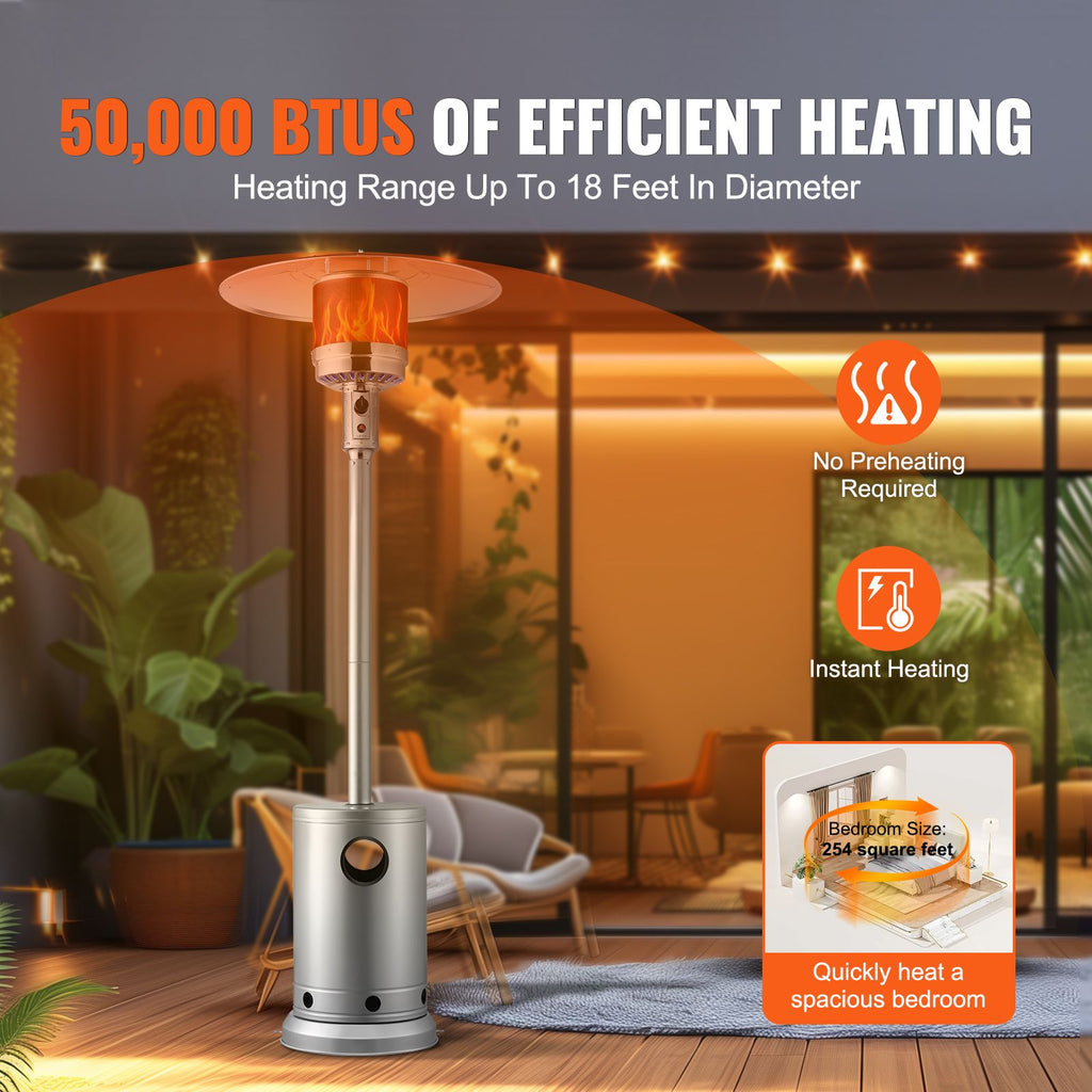 Patio Heater for Outdoor Use, 50000BTU Propane Heater Tall Hammered With Round Table Design, Metal Burner and Wheels, Fixed Outdoor Patio Flame Heater for Patio, Party, Backyard, Garden, Silver