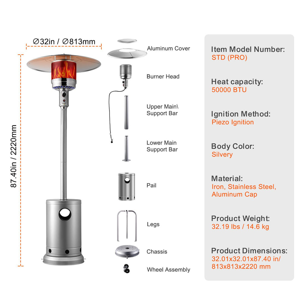 Patio Heater for Outdoor Use, 50000BTU Propane Heater Tall Hammered With Round Table Design, Metal Burner and Wheels, Fixed Outdoor Patio Flame Heater for Patio, Party, Backyard, Garden, Silver