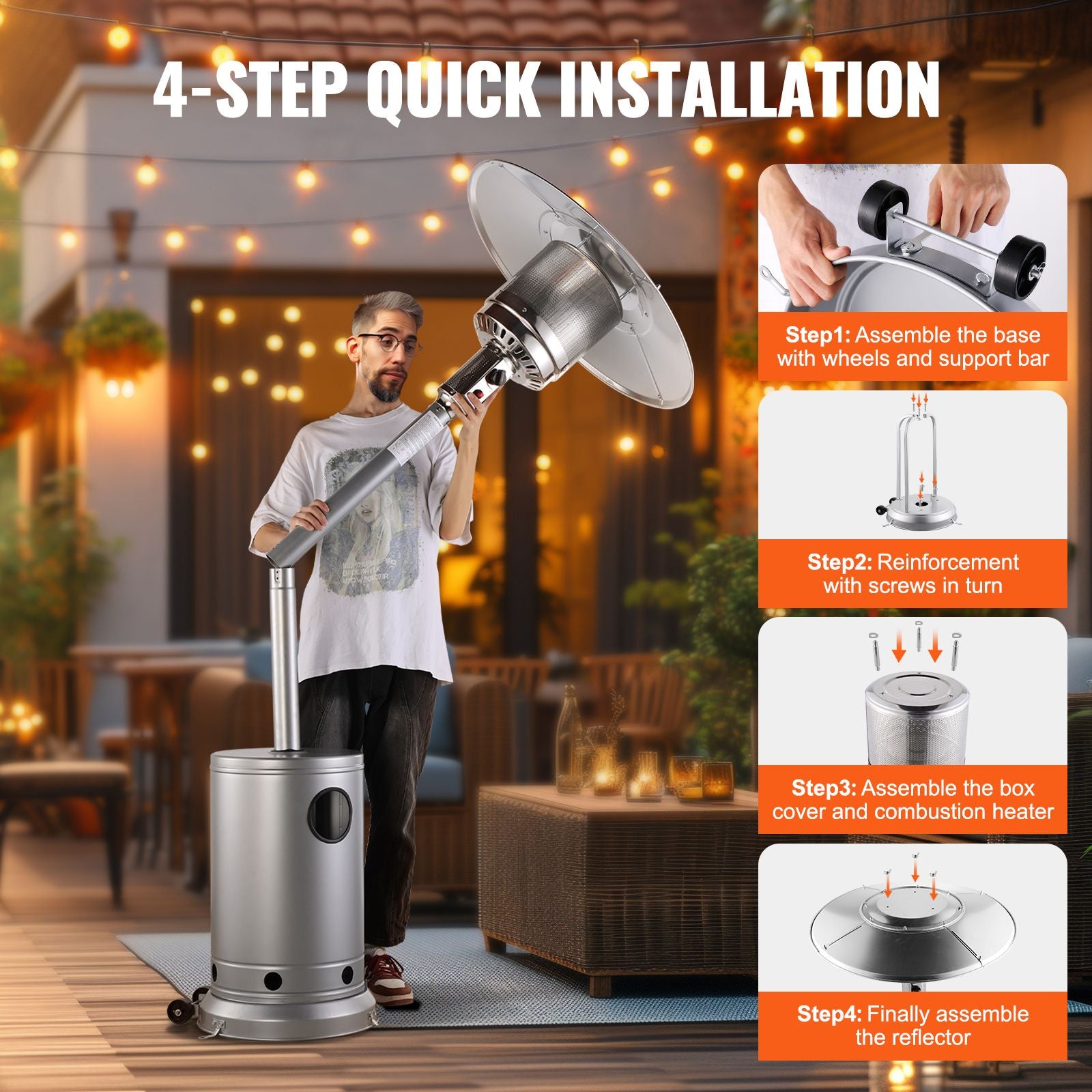 Patio Heater for Outdoor Use, 50000BTU Propane Heater Tall Hammered With Round Table Design, Metal Burner and Wheels, Fixed Outdoor Patio Flame Heater for Patio, Party, Backyard, Garden, Silver