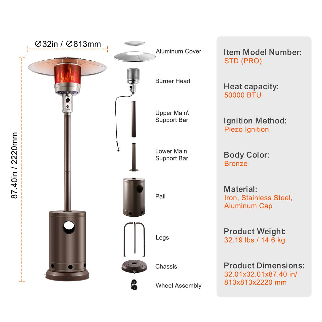 Patio Heater for Outdoor Use, 50000BTU Propane Heater Tall Hammered With Round Table Design, Metal Burner and Wheels, Fixed Outdoor Patio Flame Heater for Patio, Party, Backyard, Garden, Bronze