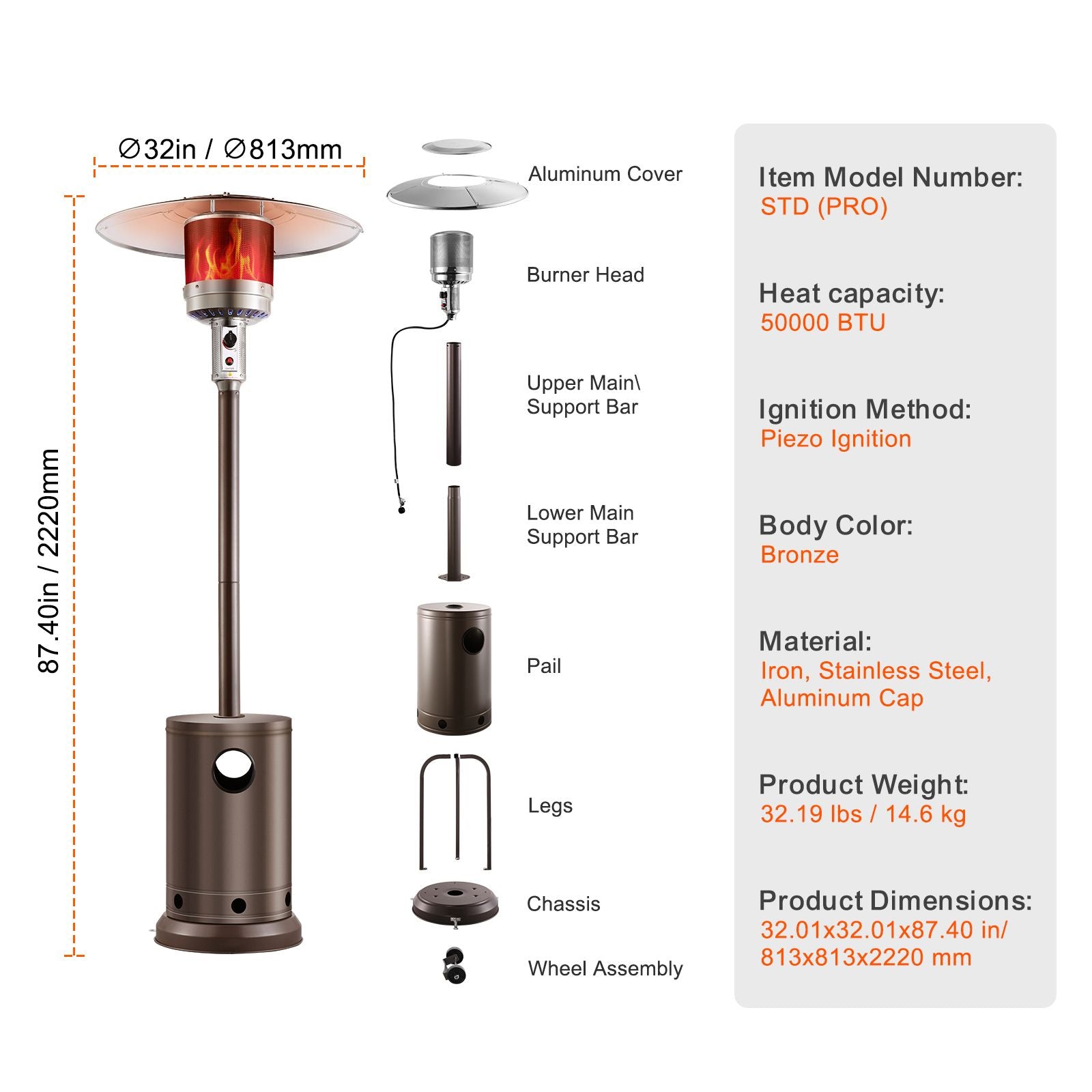 Patio Heater for Outdoor Use, 50000BTU Propane Heater Tall Hammered With Round Table Design, Metal Burner and Wheels, Fixed Outdoor Patio Flame Heater for Patio, Party, Backyard, Garden, Bronze