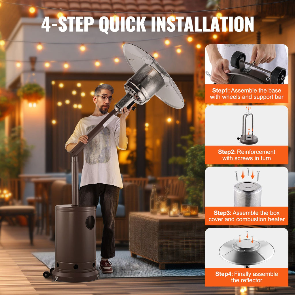 Patio Heater for Outdoor Use, 50000BTU Propane Heater Tall Hammered With Round Table Design, Metal Burner and Wheels, Fixed Outdoor Patio Flame Heater for Patio, Party, Backyard, Garden, Bronze