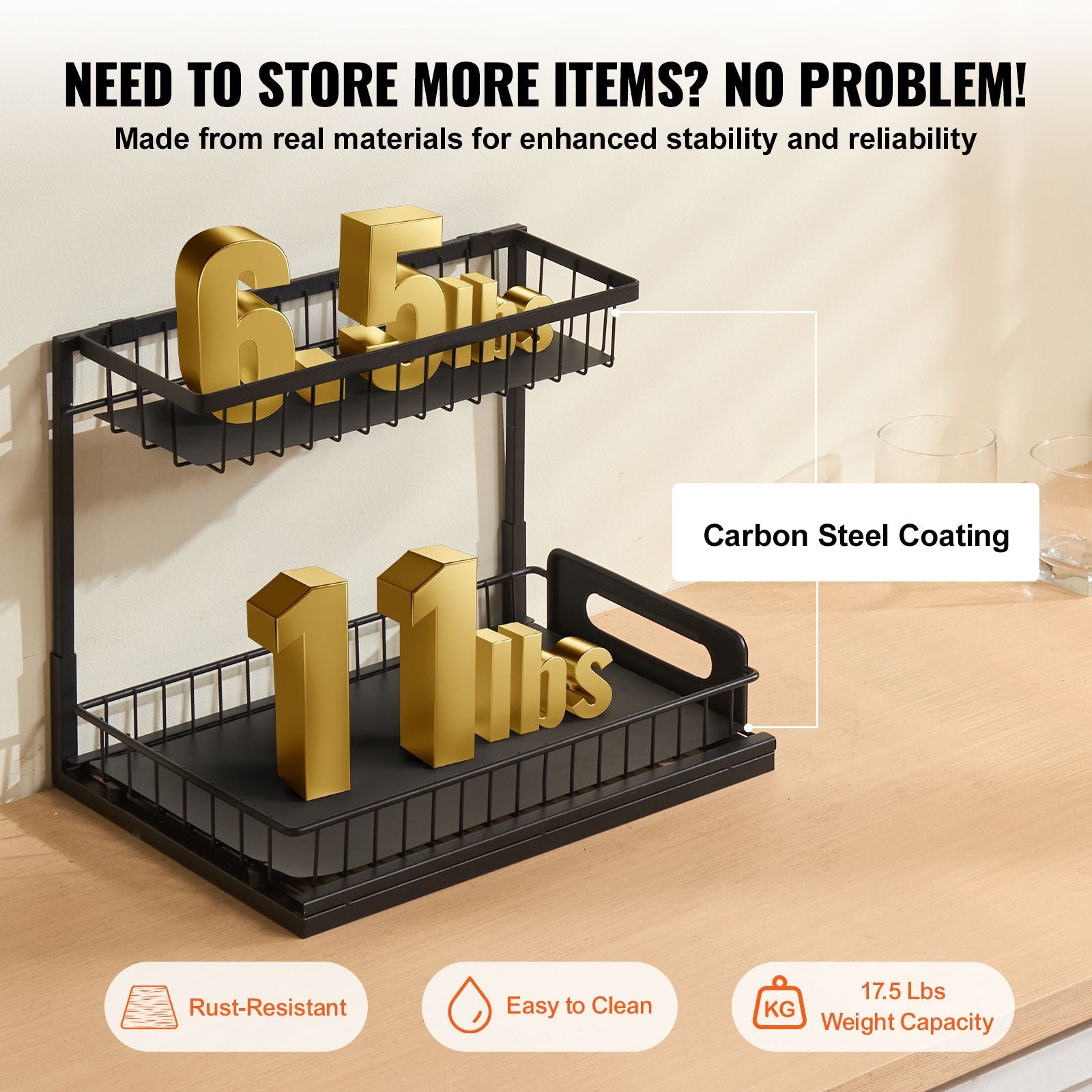 2 Tier Pull Out Cabinet Organizer(10.7"W x 14.2"D ), Under Sink Organizer and Storage, Slide Out Drawer Cabinet Organizer, Wire Basket Sliding Shelf, 12.5"Wx15.5"Dx13"H Install Size for Cabinet