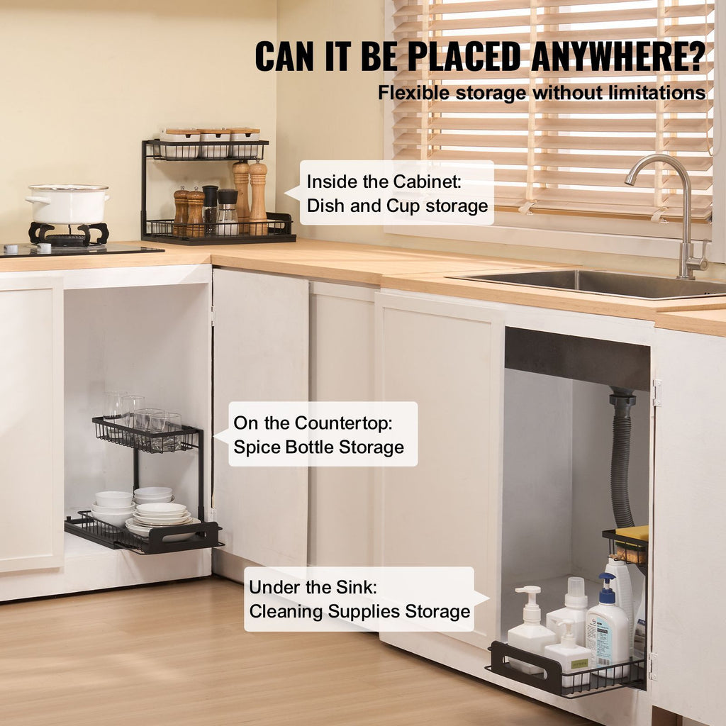2 Tier Pull Out Cabinet Organizer(10.7"W x 14.2"D ), Under Sink Organizer and Storage, Slide Out Drawer Cabinet Organizer, Wire Basket Sliding Shelf, 12.5"Wx15.5"Dx13"H Install Size for Cabinet