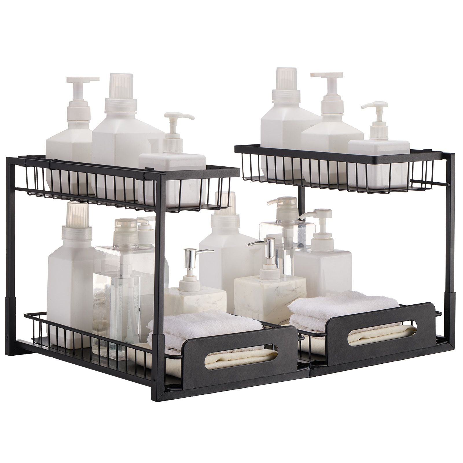 2 Tier Pull Out Cabinet Organizer(10.7"W x 14.2"D ), Under Sink Organizer and Storage, Slide Out Drawer Cabinet Organizer, Wire Basket Shelf, 25.5"Wx15.5"Dx13"H Install Size for Cabinet (2 Pack)