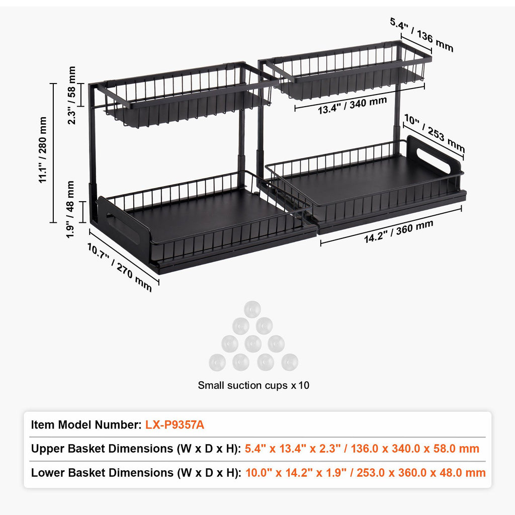2 Tier Pull Out Cabinet Organizer(10.7"W x 14.2"D ), Under Sink Organizer and Storage, Slide Out Drawer Cabinet Organizer, Wire Basket Shelf, 25.5"Wx15.5"Dx13"H Install Size for Cabinet (2 Pack)