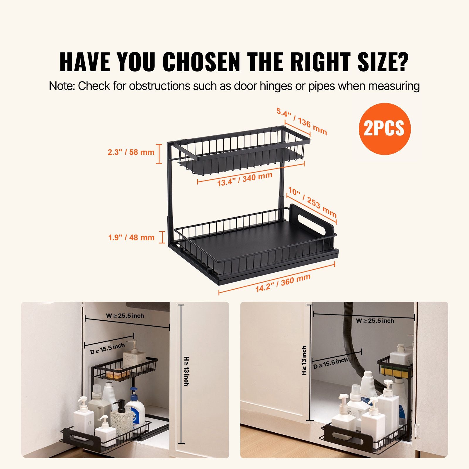 2 Tier Pull Out Cabinet Organizer(10.7"W x 14.2"D ), Under Sink Organizer and Storage, Slide Out Drawer Cabinet Organizer, Wire Basket Shelf, 25.5"Wx15.5"Dx13"H Install Size for Cabinet (2 Pack)