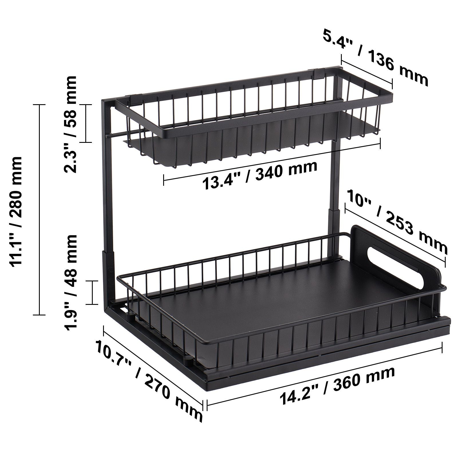 2 Tier Pull Out Cabinet Organizer(10.7"W x 14.2"D ), Under Sink Organizer and Storage, Slide Out Drawer Cabinet Organizer, Wire Basket Shelf, 25.5"Wx15.5"Dx13"H Install Size for Cabinet (2 Pack)
