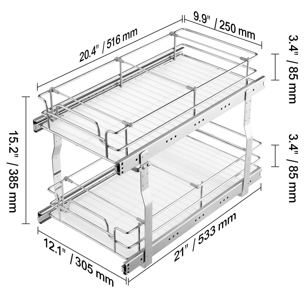 12"Wx21"Dx15"H Pull Out Cabinet Organizer, Heavy Duty Slide Out Pantry Shelves, Steel Roll Out Drawers, Sliding Drawer Storage for Home Under Sink, 13.5"Wx22"Dx18"H Install Size for Cabinet