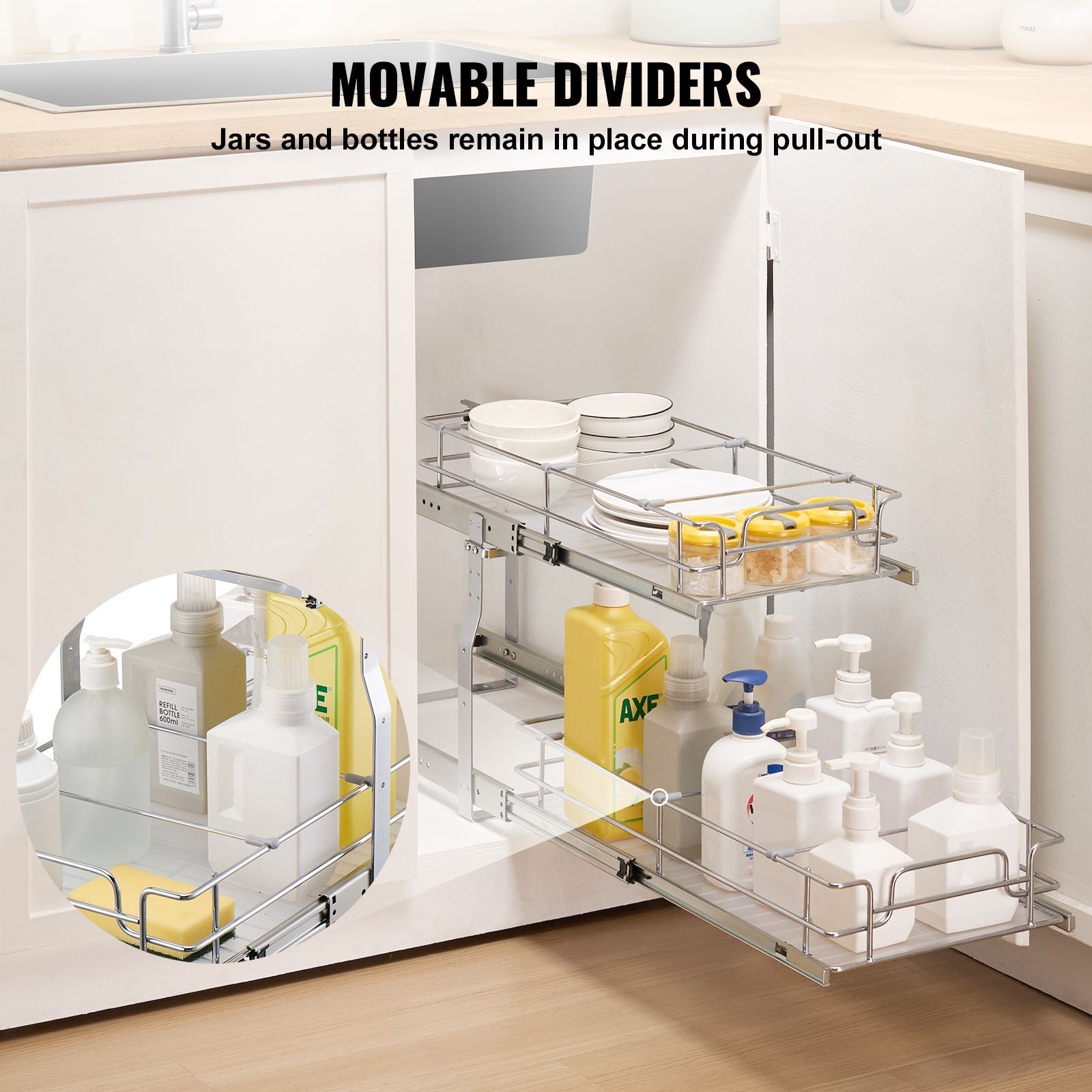 12"Wx21"Dx15"H Pull Out Cabinet Organizer, Heavy Duty Slide Out Pantry Shelves, Steel Roll Out Drawers, Sliding Drawer Storage for Home Under Sink, 13.5"Wx22"Dx18"H Install Size for Cabinet