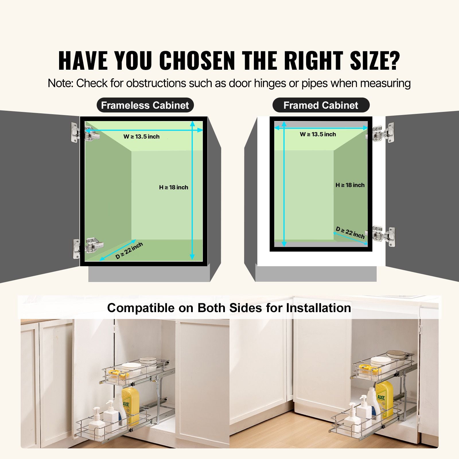 12"Wx21"Dx15"H Pull Out Cabinet Organizer, Heavy Duty Slide Out Pantry Shelves, Steel Roll Out Drawers, Sliding Drawer Storage for Home Under Sink, 13.5"Wx22"Dx18"H Install Size for Cabinet
