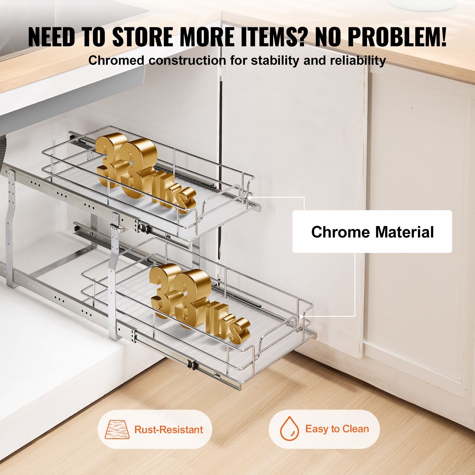 12"Wx21"Dx15"H Pull Out Cabinet Organizer, Heavy Duty Slide Out Pantry Shelves, Steel Roll Out Drawers, Sliding Drawer Storage for Home Under Sink, 13.5"Wx22"Dx18"H Install Size for Cabinet
