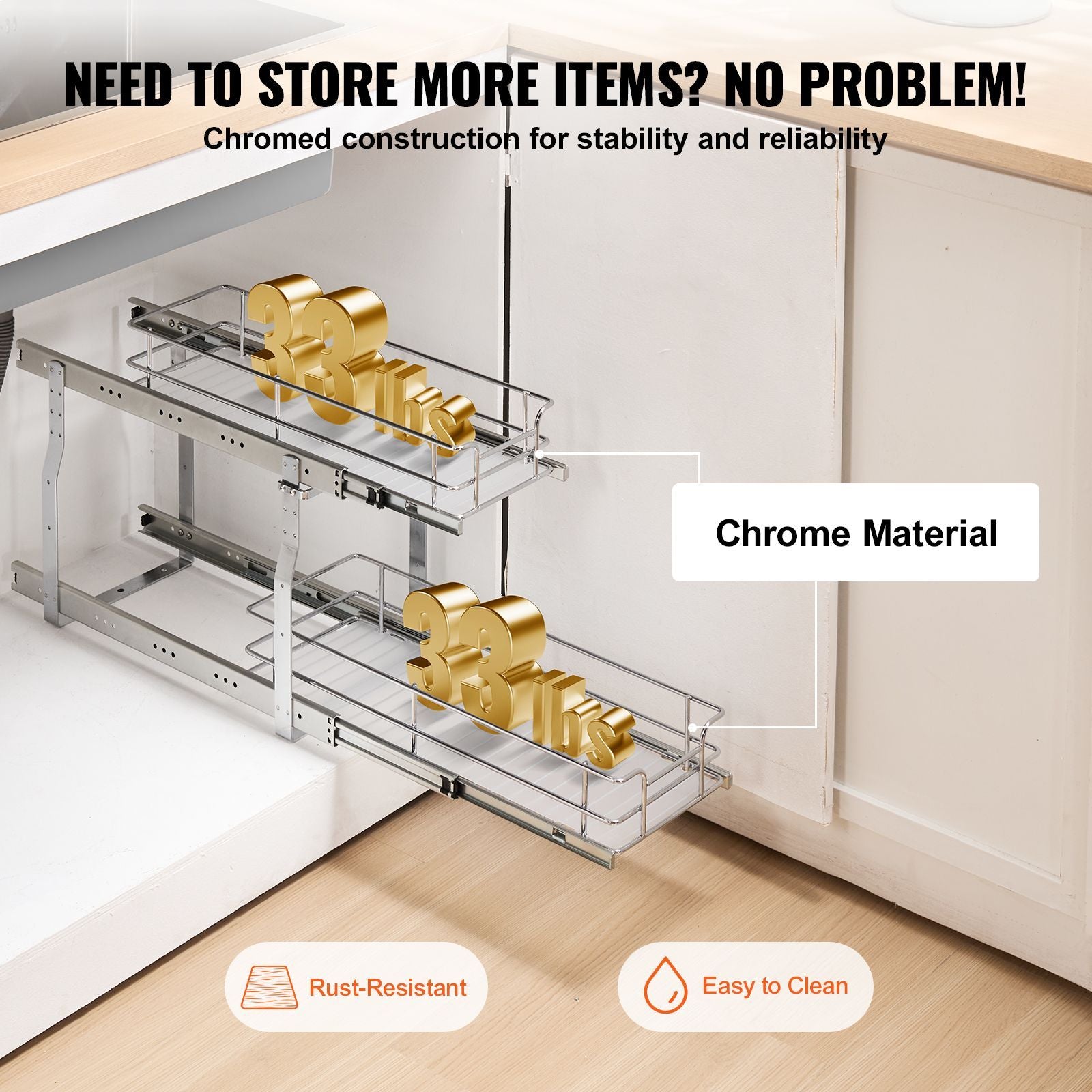 8.5"Wx21"Dx15"H Pull Out Cabinet Organizer, Heavy Duty Slide Out Pantry Shelves, Steel Roll Out Drawers, Sliding Drawer Storage for Home Under Sink, 10"Wx22"Dx18"H Install Size for Cabinet