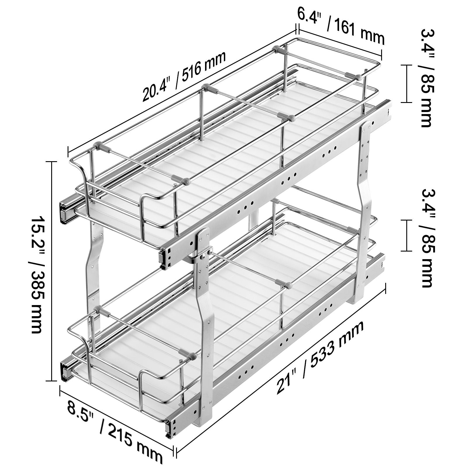8.5"Wx21"Dx15"H Pull Out Cabinet Organizer, Heavy Duty Slide Out Pantry Shelves, Steel Roll Out Drawers, Sliding Drawer Storage for Home Under Sink, 10"Wx22"Dx18"H Install Size for Cabinet