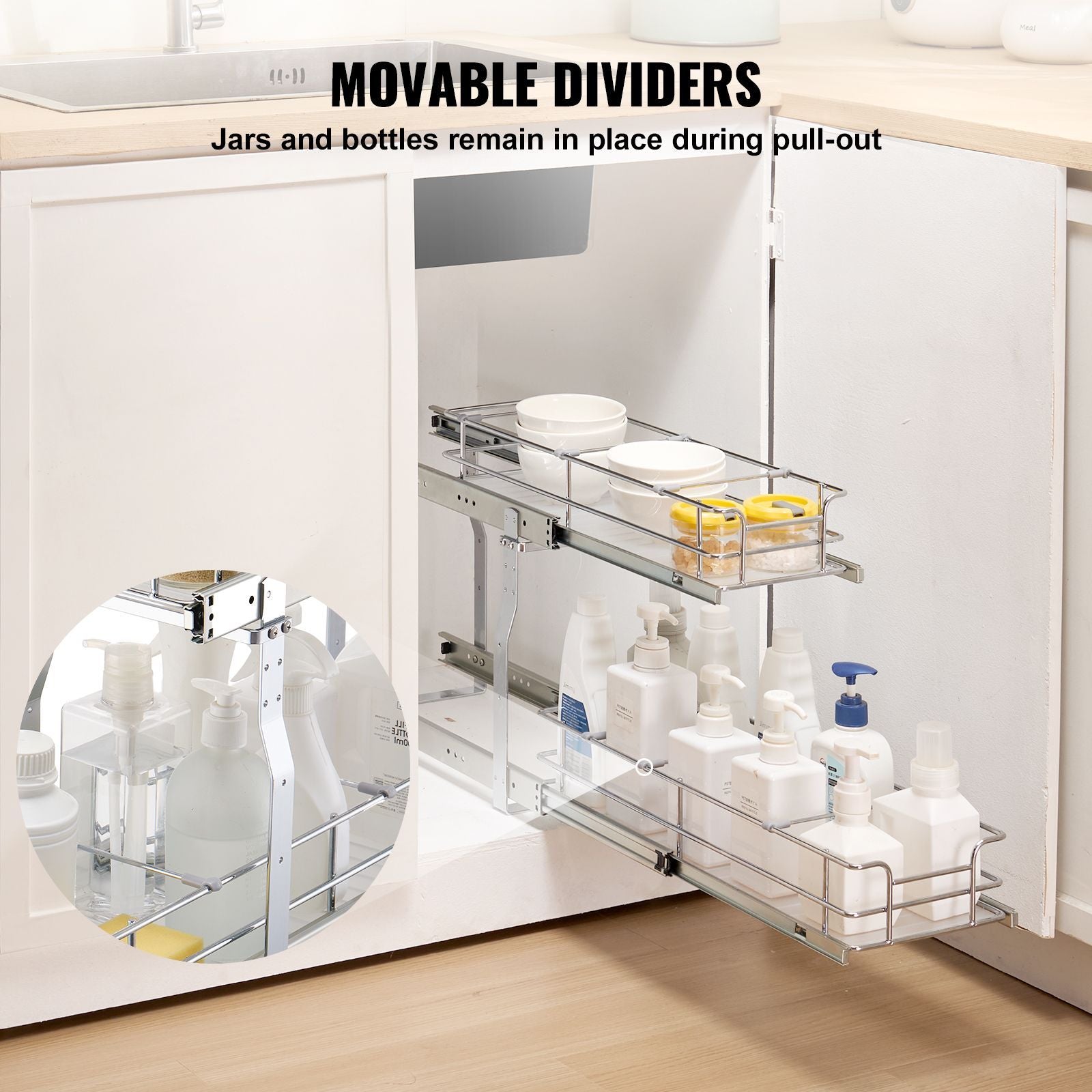 8.5"Wx21"Dx15"H Pull Out Cabinet Organizer, Heavy Duty Slide Out Pantry Shelves, Steel Roll Out Drawers, Sliding Drawer Storage for Home Under Sink, 10"Wx22"Dx18"H Install Size for Cabinet