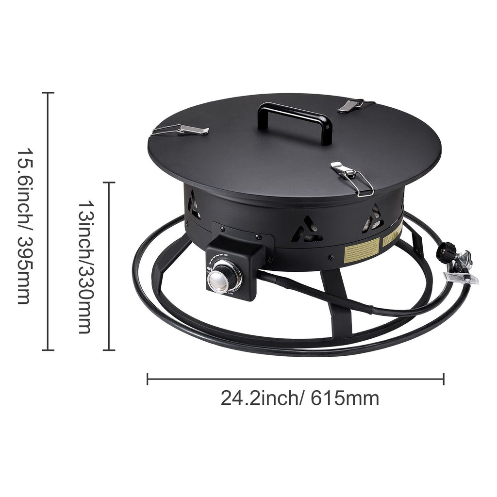 Propane Fire Pit, 24-Inch Diameter Outdoor Portable Gas Fire Pit with Cover & Lava Rocks, Adjustable Flame Height Camping Firepit for Heating, Lighting, Gathering, 58,000 BTU, Black