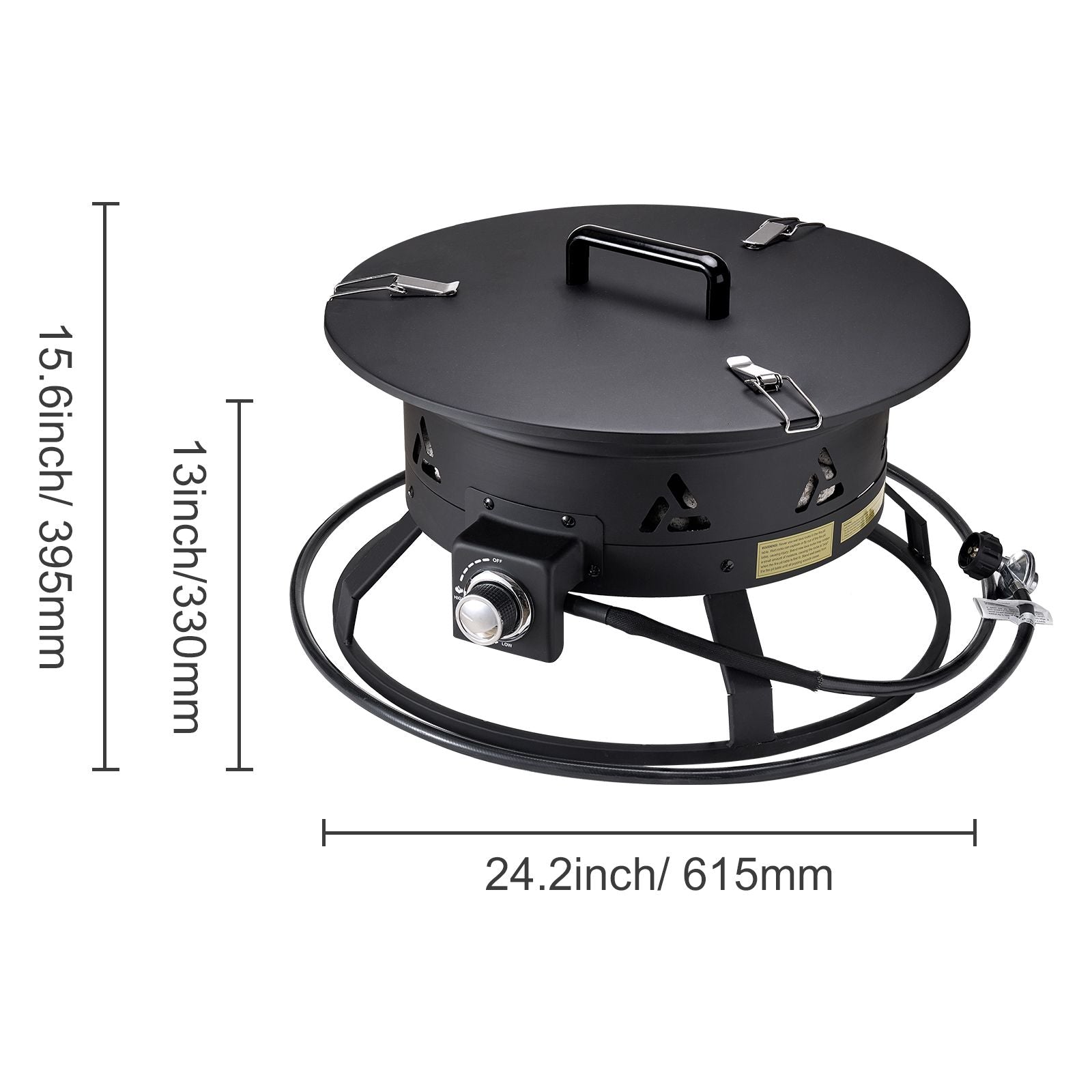 Propane Fire Pit, 24-Inch Diameter Outdoor Portable Gas Fire Pit with Cover & Lava Rocks, Adjustable Flame Height Camping Firepit for Heating, Lighting, Gathering, 58,000 BTU, Black