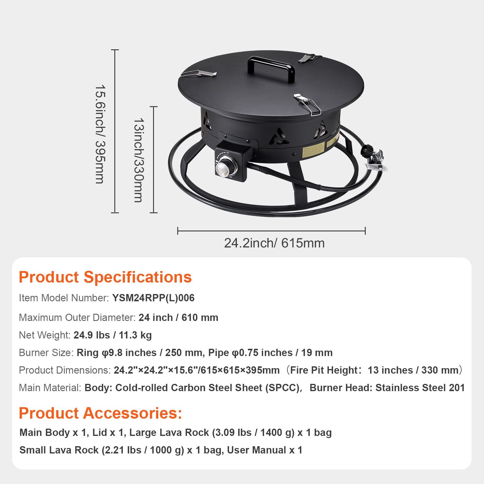 Propane Fire Pit, 24-Inch Diameter Outdoor Portable Gas Fire Pit with Cover & Lava Rocks, Adjustable Flame Height Camping Firepit for Heating, Lighting, Gathering, 58,000 BTU, Black