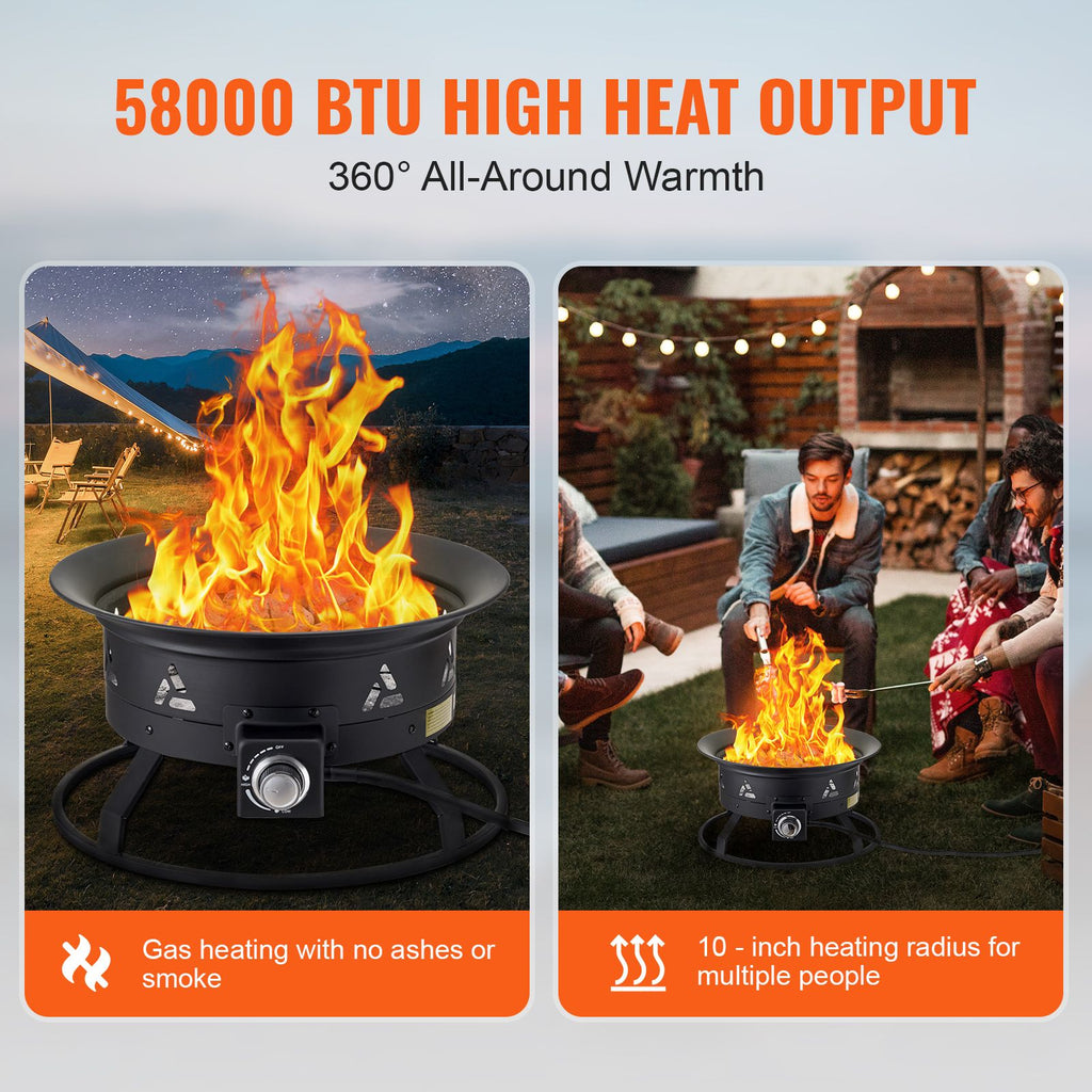Propane Fire Pit, 24-Inch Diameter Outdoor Portable Gas Fire Pit with Cover & Lava Rocks, Adjustable Flame Height Camping Firepit for Heating, Lighting, Gathering, 58,000 BTU, Black