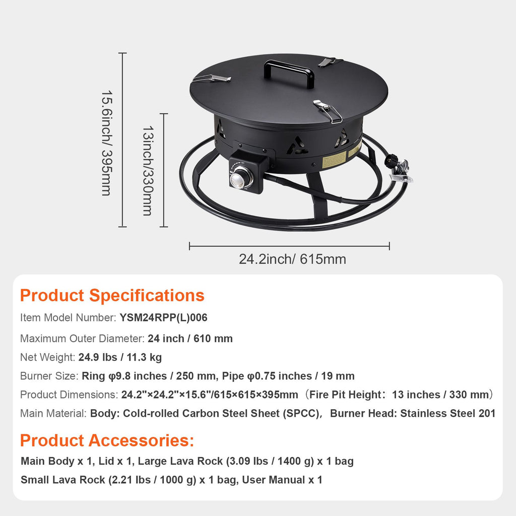 Propane Fire Pit, 24-Inch Diameter Outdoor Portable Gas Fire Pit with Cover & Lava Rocks, Adjustable Flame Height Camping Firepit for Heating, Lighting, Gathering, 58,000 BTU, Black