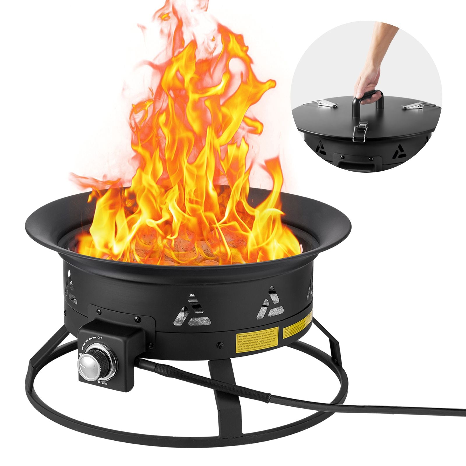 Propane Fire Pit, 24-Inch Diameter Outdoor Portable Gas Fire Pit with Cover & Lava Rocks, Adjustable Flame Height Camping Firepit for Heating, Lighting, Gathering, 58,000 BTU, Black