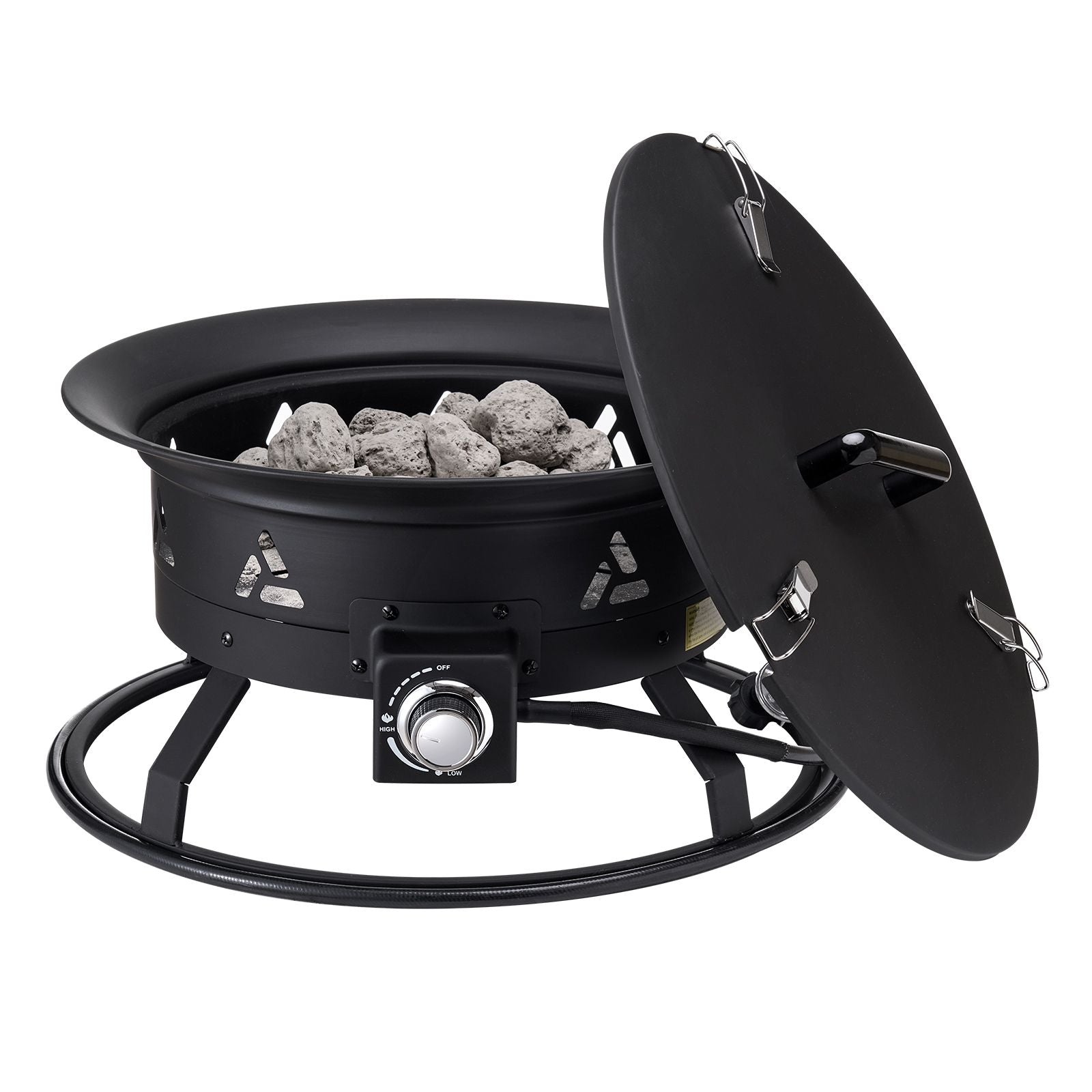 Propane Fire Pit, 24-Inch Diameter Outdoor Portable Gas Fire Pit with Cover & Lava Rocks, Adjustable Flame Height Camping Firepit for Heating, Lighting, Gathering, 58,000 BTU, Black