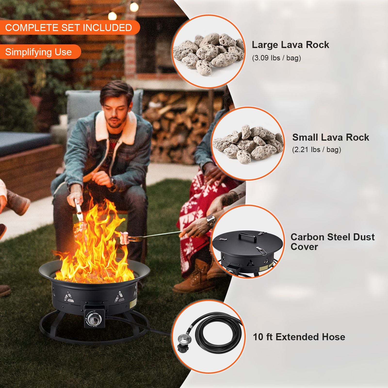 Propane Fire Pit, 24-Inch Diameter Outdoor Portable Gas Fire Pit with Cover & Lava Rocks, Adjustable Flame Height Camping Firepit for Heating, Lighting, Gathering, 58,000 BTU, Black