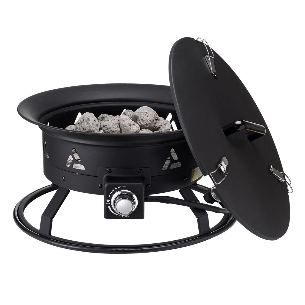Propane Fire Pit, 24-Inch Diameter Outdoor Portable Gas Fire Pit with Cover & Lava Rocks, Adjustable Flame Height Camping Firepit for Heating, Lighting, Gathering, 58,000 BTU, Black