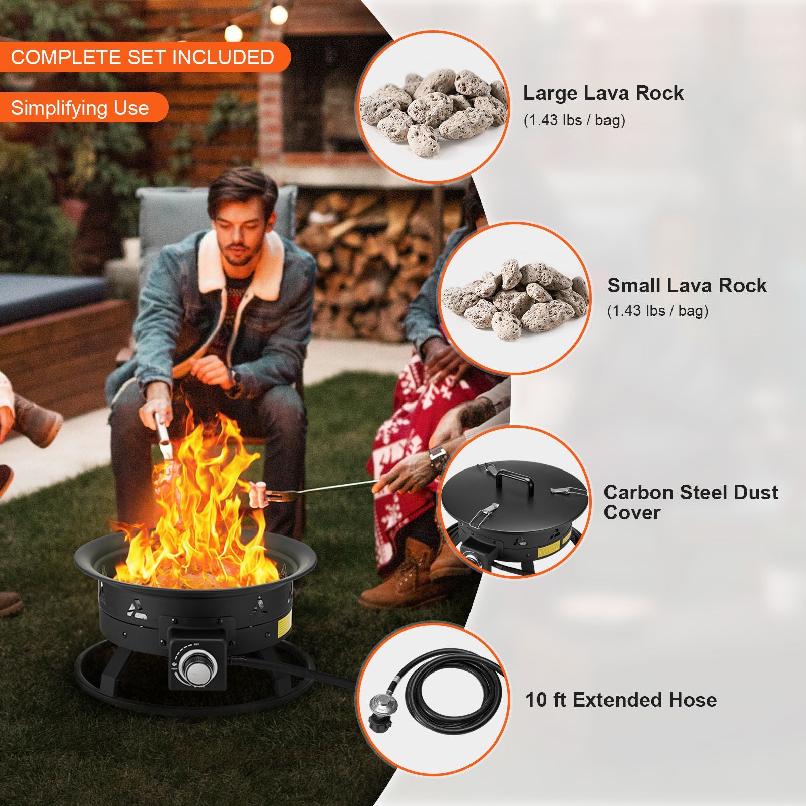 Propane Fire Pit, 19-Inch Diameter Outdoor Portable Gas Fire Pit with Cover & Lava Rocks, Adjustable Flame Height Camping Firepit for Heating, Lighting, Gathering, 58,000 BTU, Black