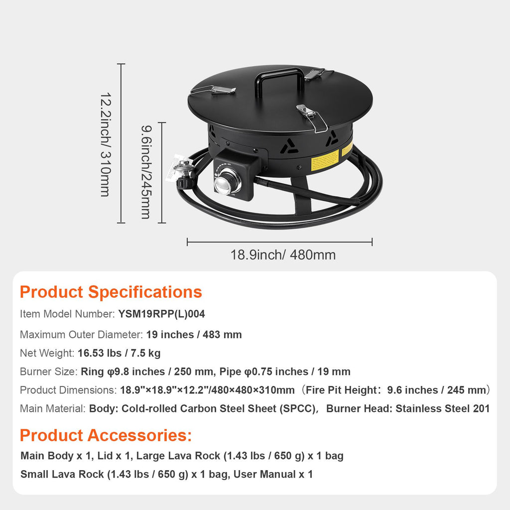 Propane Fire Pit, 19-Inch Diameter Outdoor Portable Gas Fire Pit with Cover & Lava Rocks, Adjustable Flame Height Camping Firepit for Heating, Lighting, Gathering, 58,000 BTU, Black