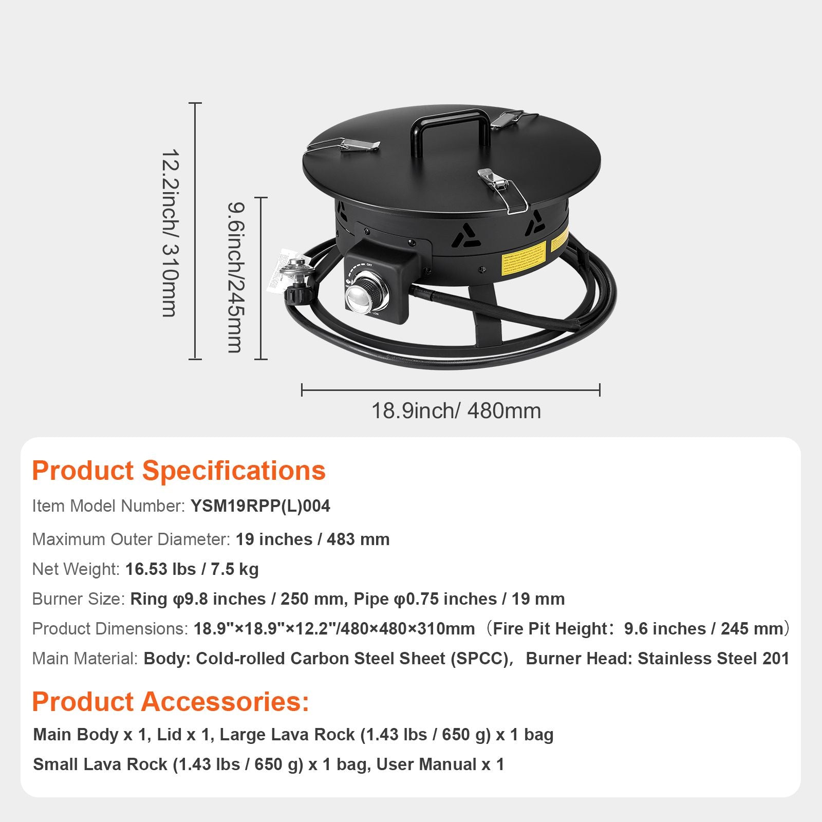 Propane Fire Pit, 19-Inch Diameter Outdoor Portable Gas Fire Pit with Cover & Lava Rocks, Adjustable Flame Height Camping Firepit for Heating, Lighting, Gathering, 58,000 BTU, Black