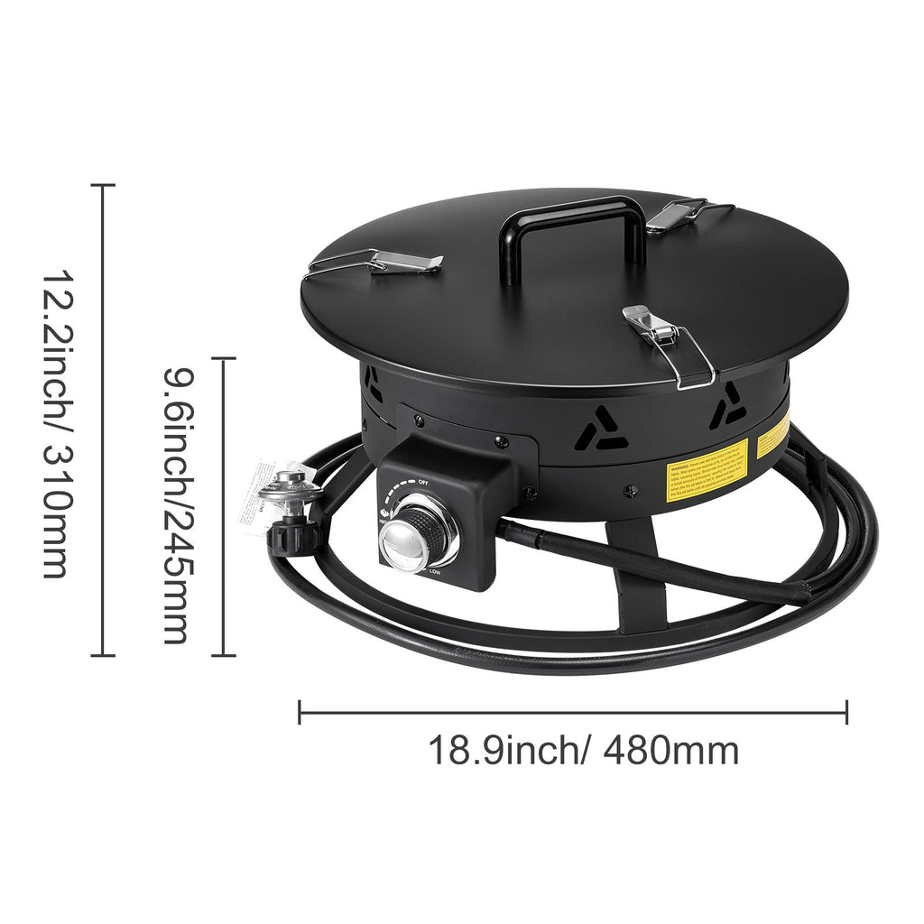 Propane Fire Pit, 19-Inch Diameter Outdoor Portable Gas Fire Pit with Cover & Lava Rocks, Adjustable Flame Height Camping Firepit for Heating, Lighting, Gathering, 58,000 BTU, Black