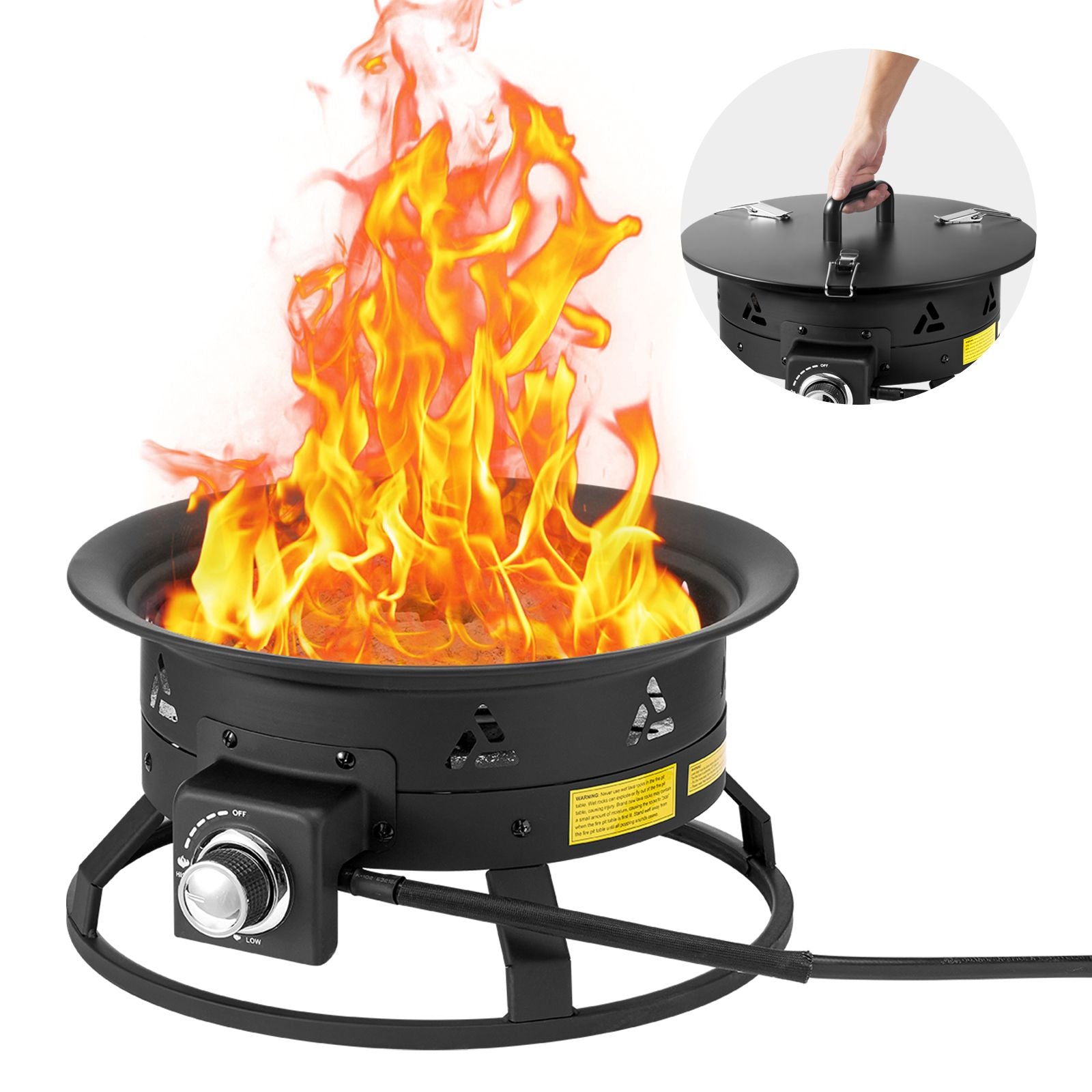 Propane Fire Pit, 19-Inch Diameter Outdoor Portable Gas Fire Pit with Cover & Lava Rocks, Adjustable Flame Height Camping Firepit for Heating, Lighting, Gathering, 58,000 BTU, Black