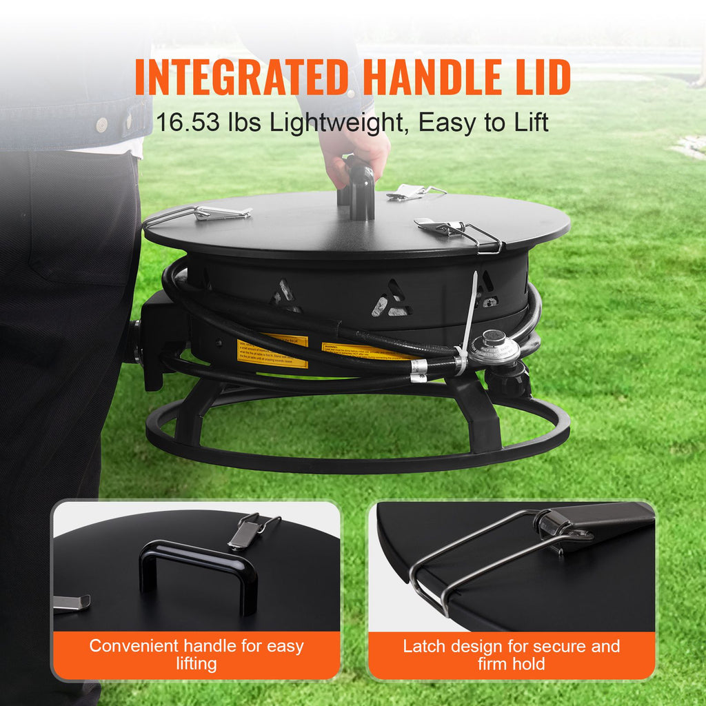 Propane Fire Pit, 19-Inch Diameter Outdoor Portable Gas Fire Pit with Cover & Lava Rocks, Adjustable Flame Height Camping Firepit for Heating, Lighting, Gathering, 58,000 BTU, Black