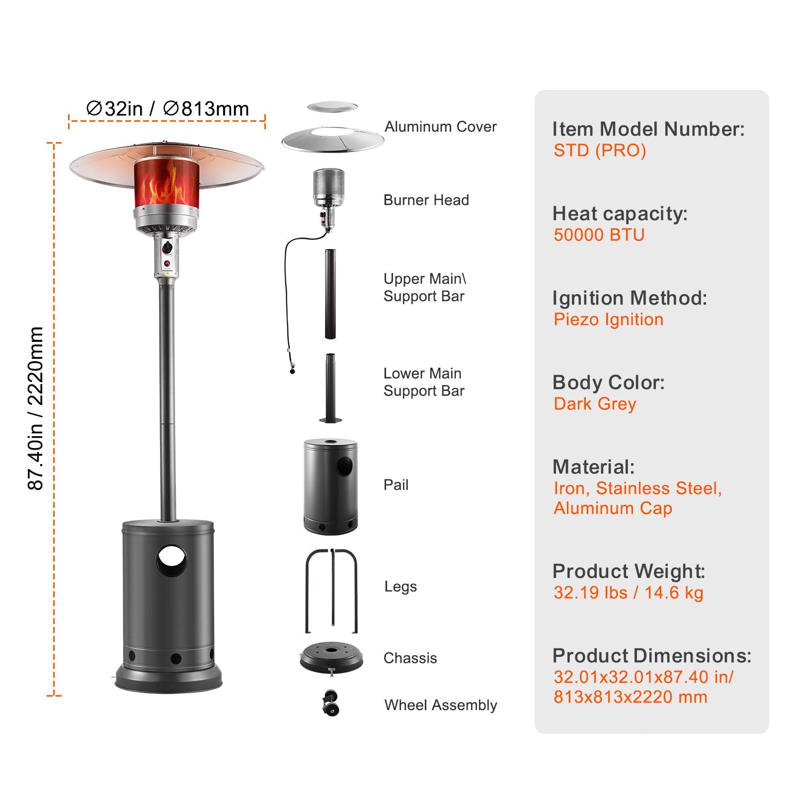 Patio Heater for Outdoor Use, 50000BTU Propane Heater Tall Hammered With Round Table Design, Metal Burner and Wheels, Outdoor Patio Flame Heater for Patio, Party, Backyard, Garden, Silver Gray