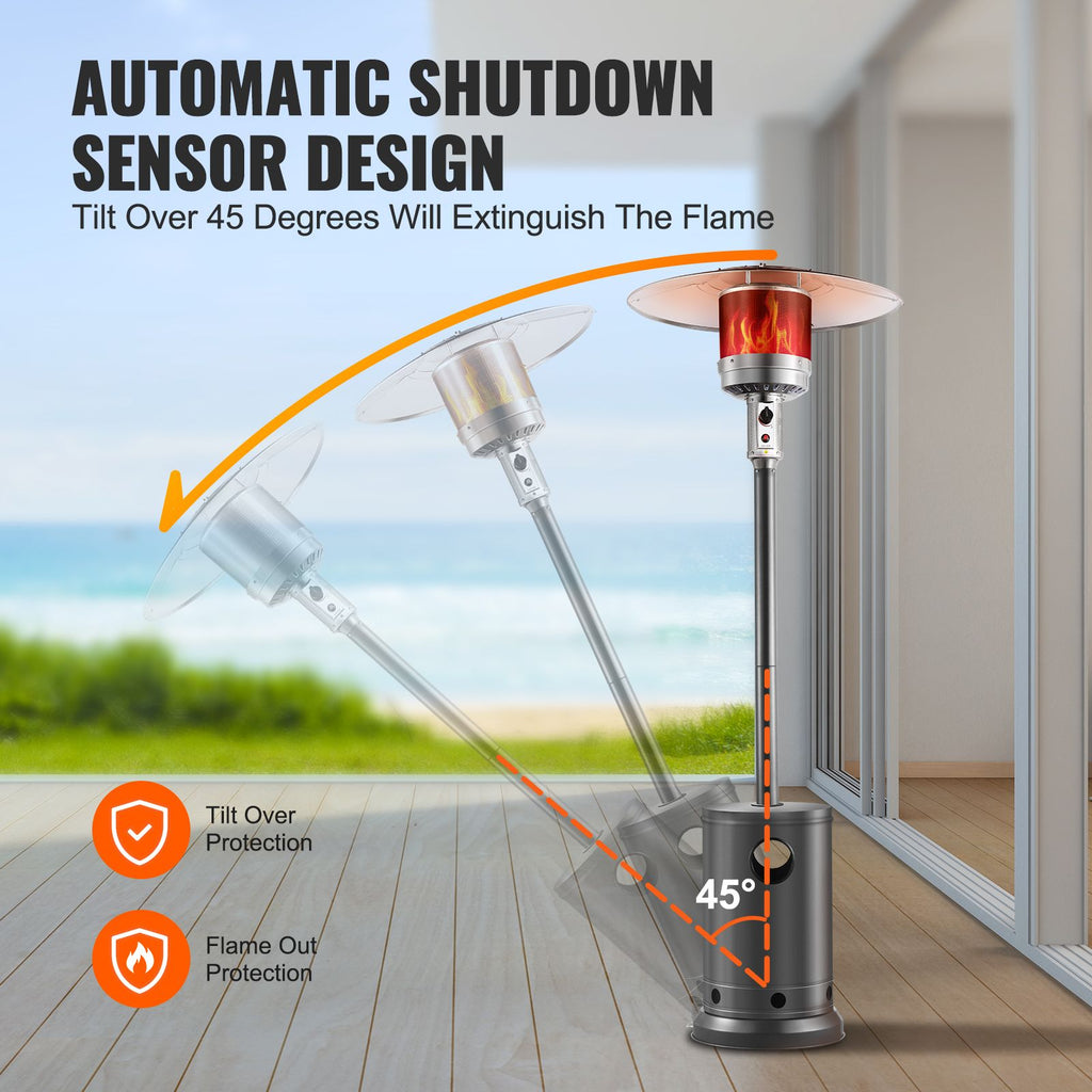 Patio Heater for Outdoor Use, 50000BTU Propane Heater Tall Hammered With Round Table Design, Metal Burner and Wheels, Outdoor Patio Flame Heater for Patio, Party, Backyard, Garden, Silver Gray