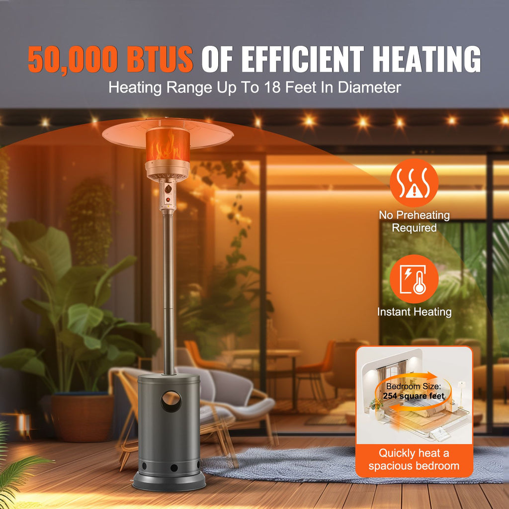 Patio Heater for Outdoor Use, 50000BTU Propane Heater Tall Hammered With Round Table Design, Metal Burner and Wheels, Outdoor Patio Flame Heater for Patio, Party, Backyard, Garden, Silver Gray