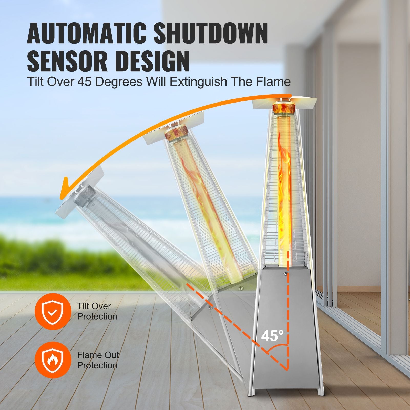 Patio Heater for Outdoor Use, 48000BTU Pyramid Propane Heater w/Wheels, Quartz Glass Tube Outdoor Patio Flame Heater for Patio, Party, Backyard, Garden, Decoration, Silver