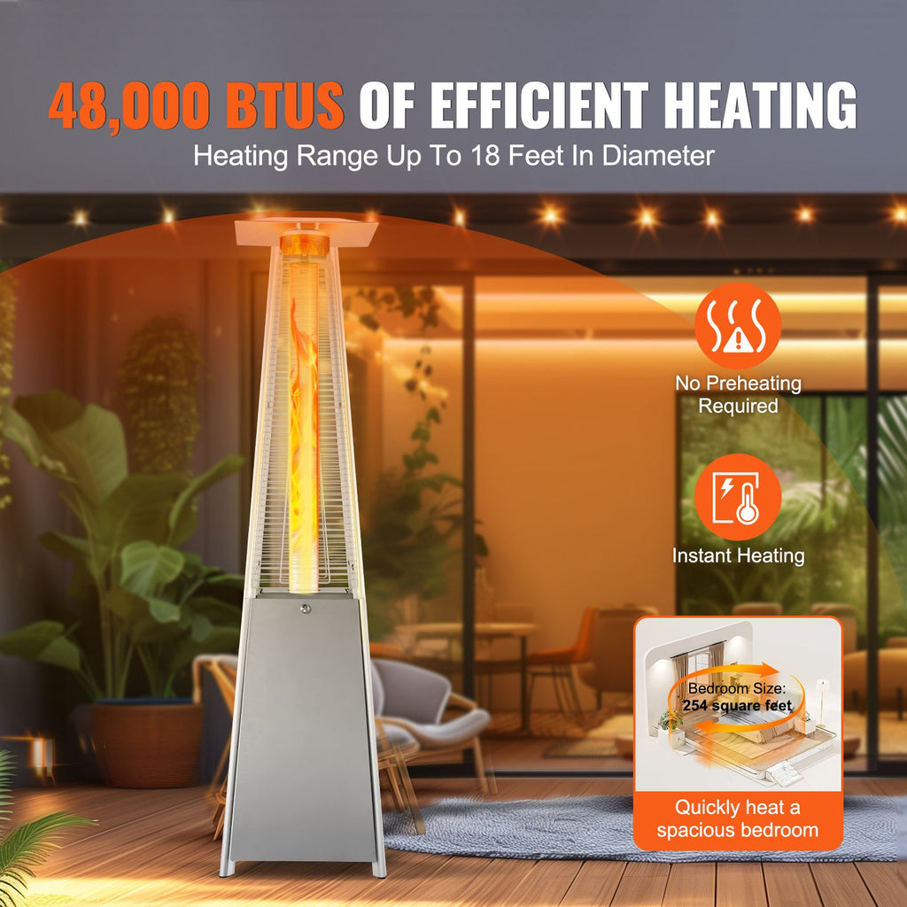 Patio Heater for Outdoor Use, 48000BTU Pyramid Propane Heater w/Wheels, Quartz Glass Tube Outdoor Patio Flame Heater for Patio, Party, Backyard, Garden, Decoration, Silver