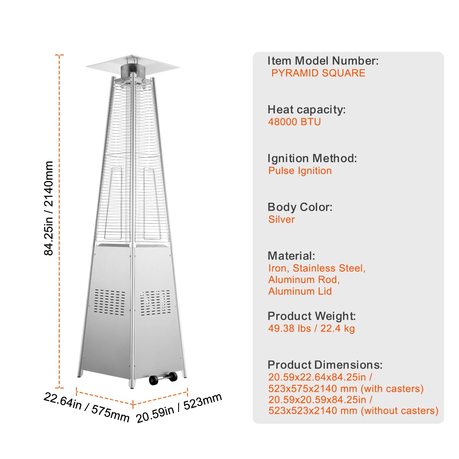 Patio Heater for Outdoor Use, 48000BTU Pyramid Propane Heater w/Wheels, Quartz Glass Tube Outdoor Patio Flame Heater for Patio, Party, Backyard, Garden, Decoration, Silver