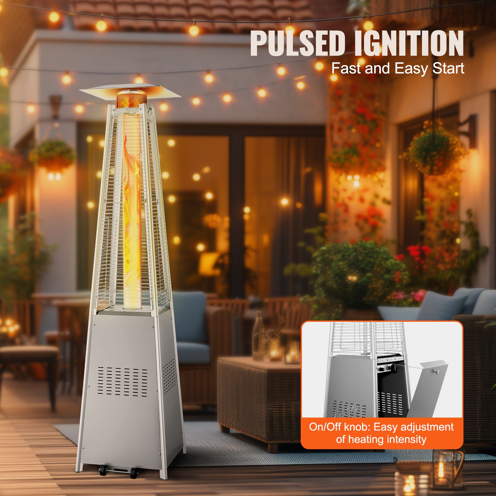 Patio Heater for Outdoor Use, 48000BTU Pyramid Propane Heater w/Wheels, Quartz Glass Tube Outdoor Patio Flame Heater for Patio, Party, Backyard, Garden, Decoration, Silver