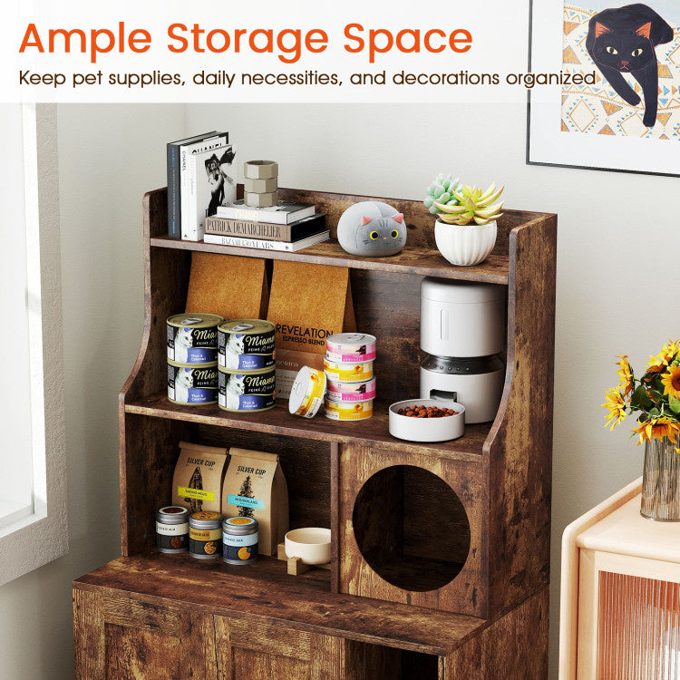 Modern Wooden Industrial Cat Litter Box Enclosure with Storage Shelves