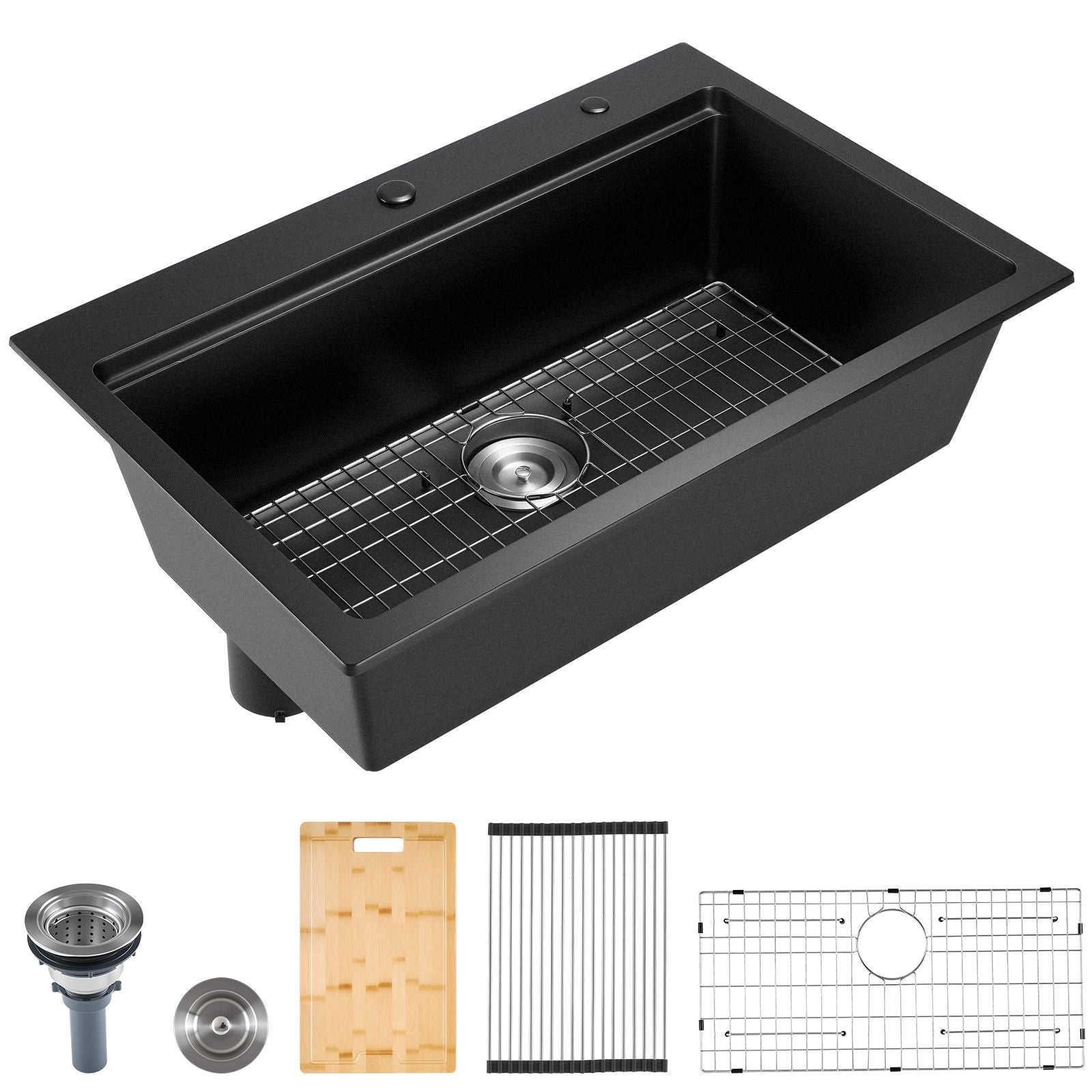 33 inch Kitchen Sink Workstation, Top Mount Granite Sinks, Drop-In Single Bowl Farmhouse Basin with Multiple Accessories, Household Dishwasher Sink for RV, Prep Kitchen, and Bar (Black)