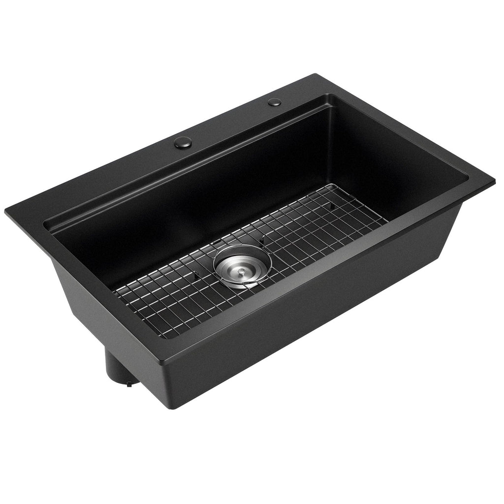 33 inch Kitchen Sink Workstation, Top Mount Granite Sinks, Drop-In Single Bowl Farmhouse Basin with Multiple Accessories, Household Dishwasher Sink for RV, Prep Kitchen, and Bar (Black)