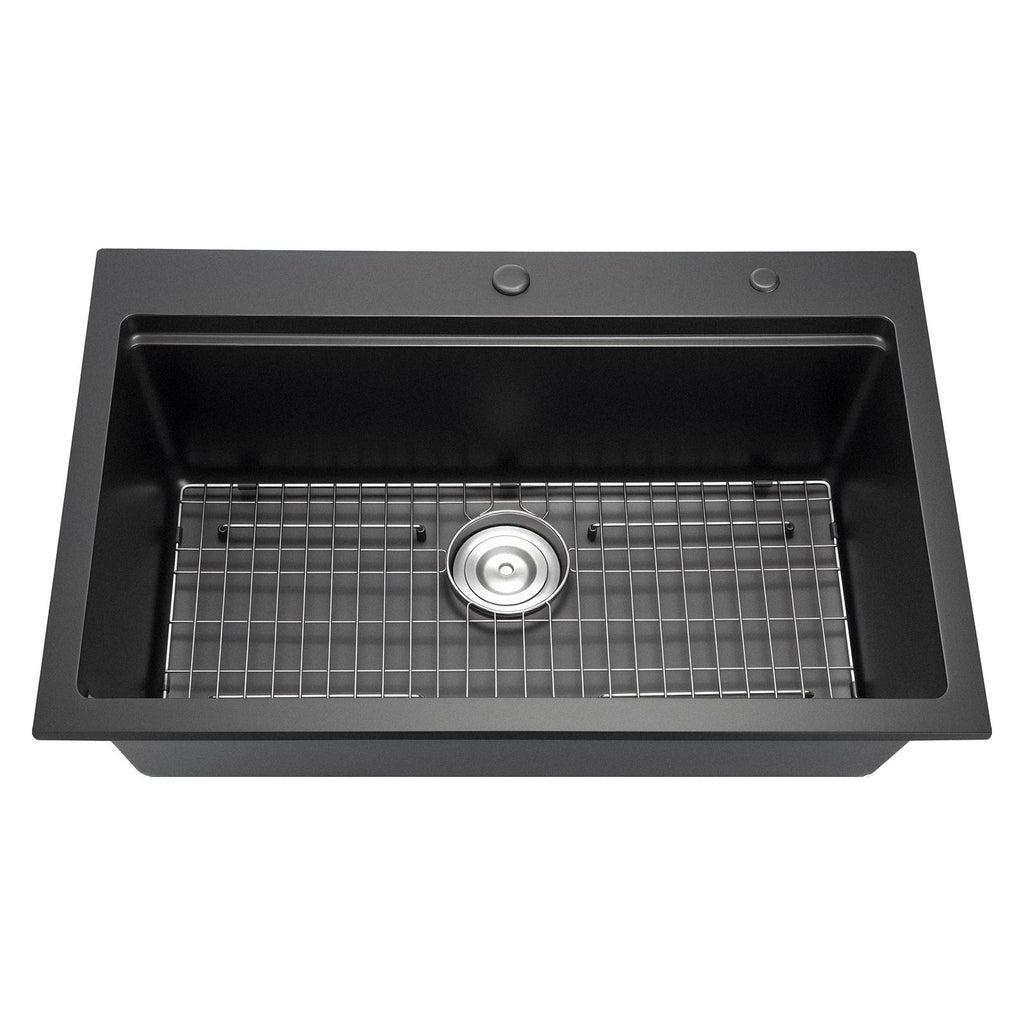 33 inch Kitchen Sink Workstation, Top Mount Granite Sinks, Drop-In Single Bowl Farmhouse Basin with Multiple Accessories, Household Dishwasher Sink for RV, Prep Kitchen, and Bar (Black)