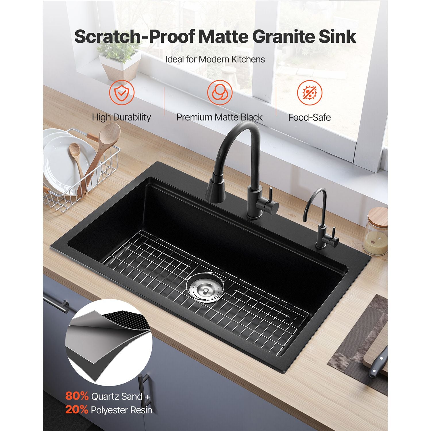 33 inch Kitchen Sink Workstation, Top Mount Granite Sinks, Drop-In Single Bowl Farmhouse Basin with Multiple Accessories, Household Dishwasher Sink for RV, Prep Kitchen, and Bar (Black)