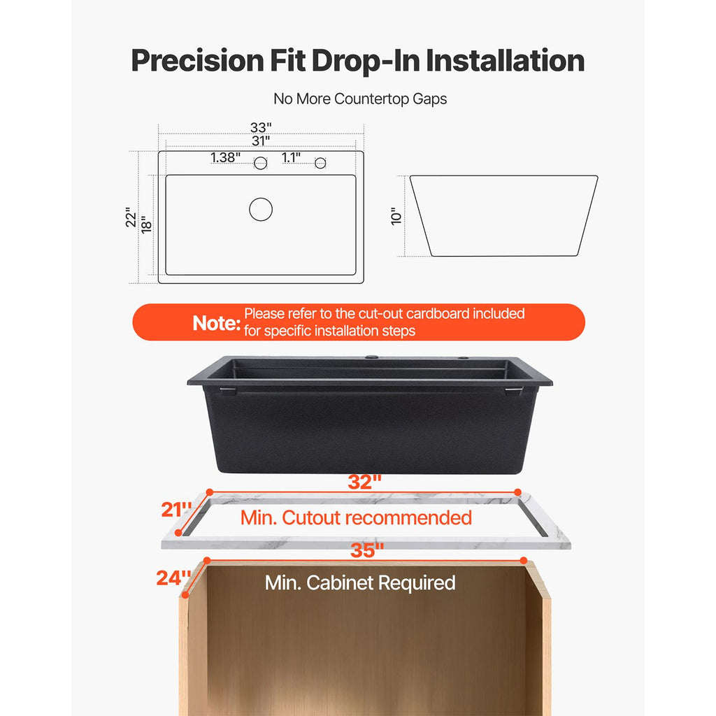 33 inch Kitchen Sink Workstation, Top Mount Granite Sinks, Drop-In Single Bowl Farmhouse Basin with Multiple Accessories, Household Dishwasher Sink for RV, Prep Kitchen, and Bar (Black)