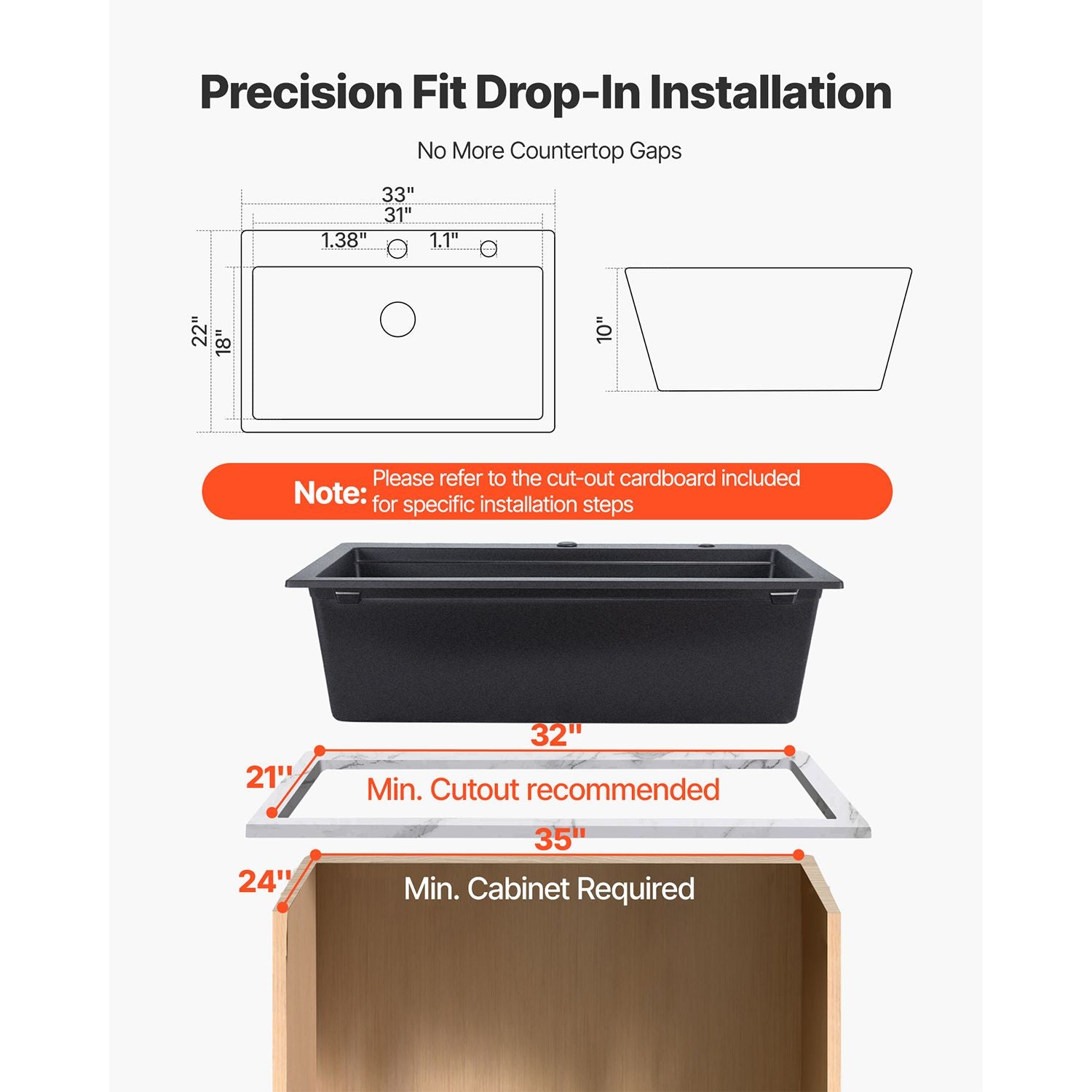 33 inch Kitchen Sink Workstation, Top Mount Granite Sinks, Drop-In Single Bowl Farmhouse Basin with Multiple Accessories, Household Dishwasher Sink for RV, Prep Kitchen, and Bar (Black)