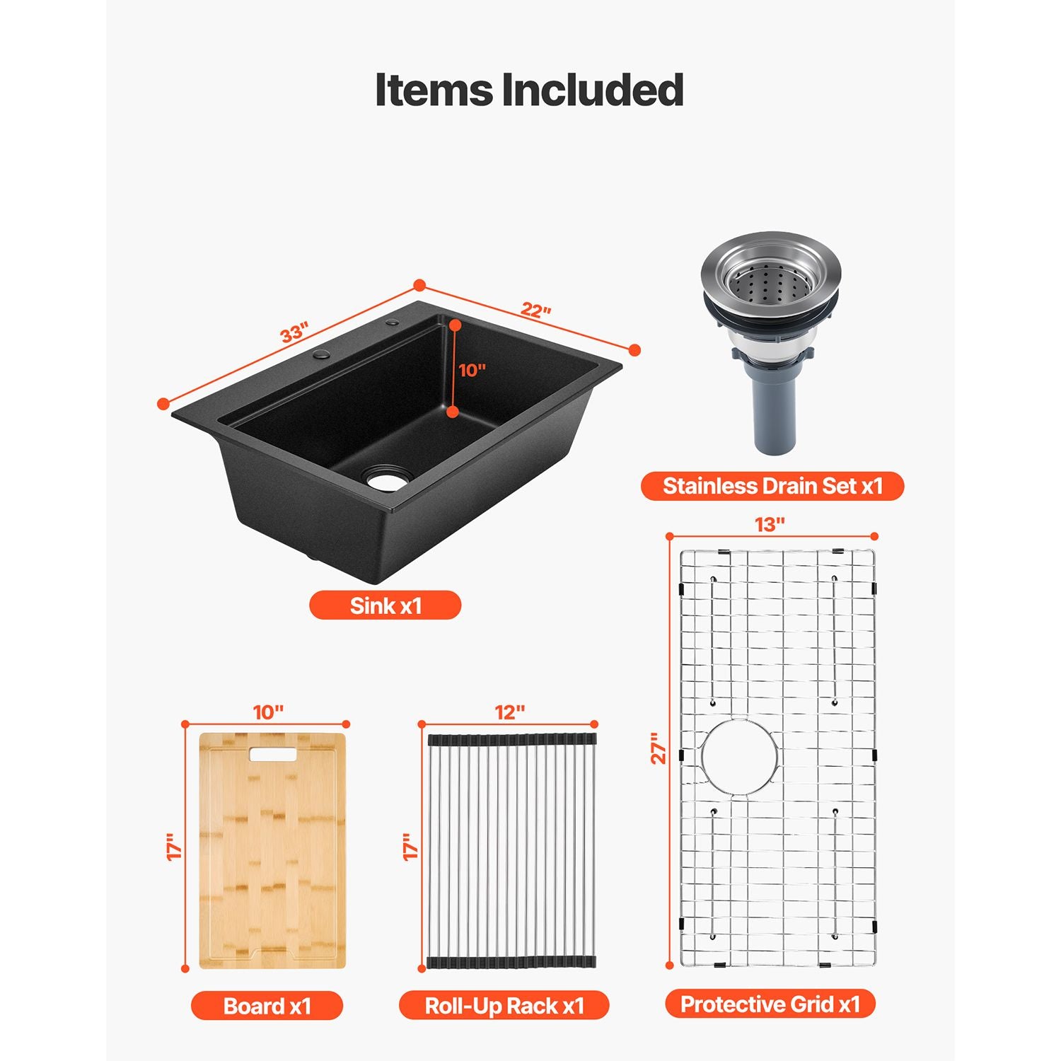 33 inch Kitchen Sink Workstation, Top Mount Granite Sinks, Drop-In Single Bowl Farmhouse Basin with Multiple Accessories, Household Dishwasher Sink for RV, Prep Kitchen, and Bar (Black)